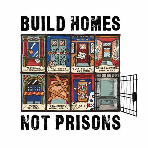 Poster 
Text:
Build Homes 
Not Prisons 

Images:
Closed ABORIGINAL SELF DETERMINATION 
Closed PUBLIC HOUSING & CRISIS ACCOMODATION 
Closed BULK BILLING DOCTORS
Closed DRUG & ALCOHOL TREATMENT
Closed PUBLIC SCHOOLS
Closed COMMUNITY HEALTH
Closed BAIL
Open prison door 

Art by Sam Wallman 