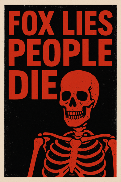A graphic image of a black background with a red skeleton and red text that says: "FOX LIES PEOPLE DIE"