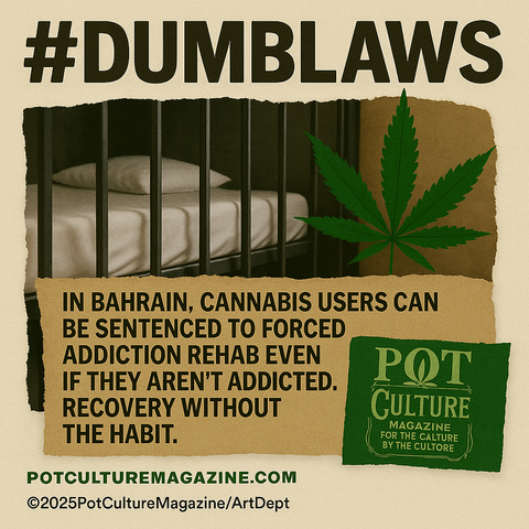 Graphic showing a prison cell bed behind bars with bold text reading “#DUMBLAWS.” A green cannabis leaf overlays a brown paper texture, and a block of text states, “In Bahrain, cannabis users can be sentenced to forced addiction rehab even if they aren’t addicted. Recovery without the habit.” The Pot Culture Magazine logo and website are included along with the copyright ©2025PotCultureMagazine/ArtDept.
