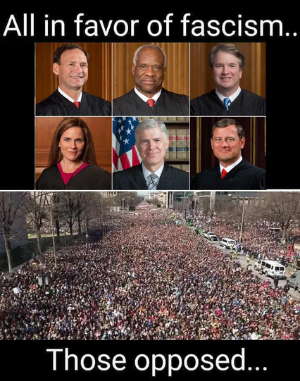All in favor of fascism, followed by the pictures of the six conservative Supreme Court justice, below the six pictures is a picture of a massive protest of 100,000s of people followed by the words all opposed.  