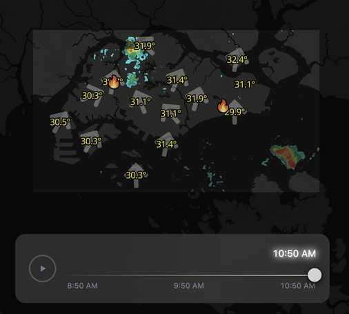 Weather map showing temperatures around 30-32°C with wind directions and light precipitation areas, including two flame icons indicating heat stress, timestamped at 10:50 AM.