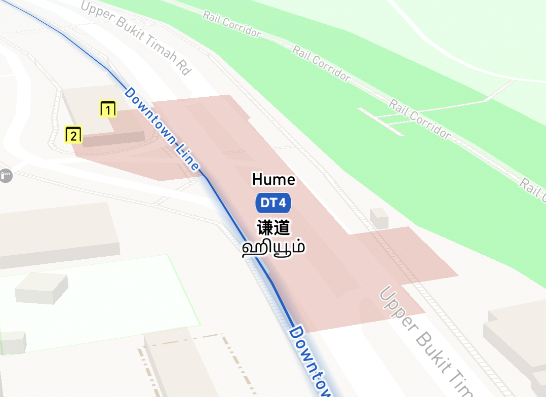 Map showing the location of Hume MRT station (DT4) on the Downtown Line, near Upper Bukit Timah Road and Rail Corridor.