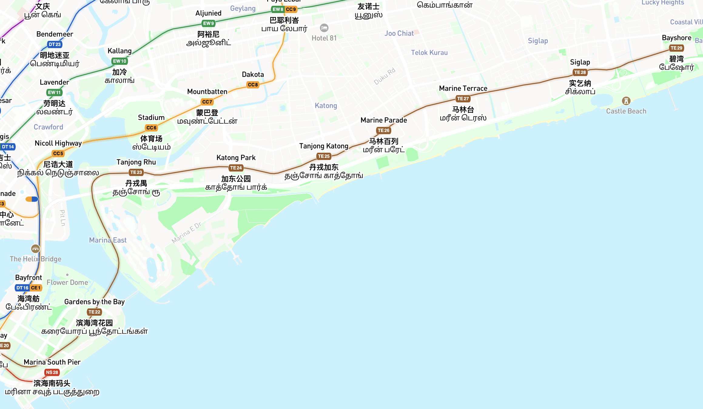 Map showing Stage-4 Thomson-East Coast Line, including areas like Marina South Pier, Gardens by the Bay, Bayfront, Nicoll Highway, Tanjong Katong, Marine Parade, Siglap, and Bayshore.