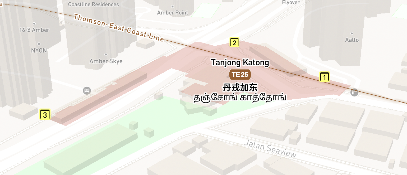 Map showing the Tanjong Katong MRT station (TE25) on the Thomson-East Coast Line in Singapore, with surrounding buildings and roads including Amber Skye, NYON, Aalto, and Jalan Seaview.