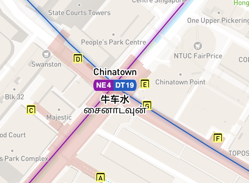 Map showing Chinatown MRT station in Singapore with NE4 and DT19 lines, nearby landmarks, and exit points labeled A to F.
Before: Tamil characters rendered correctly.