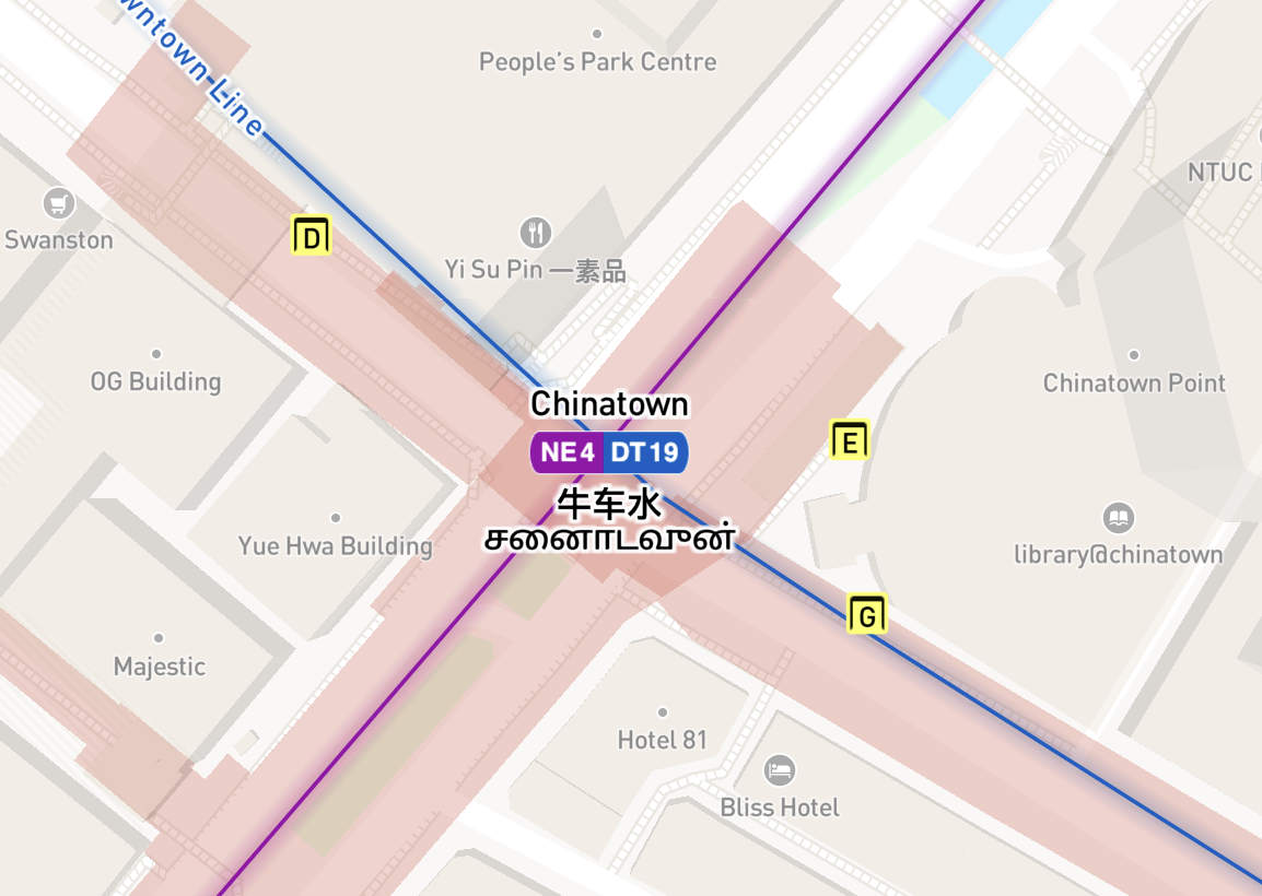 Map showing Chinatown MRT station (NE4, DT19) in Singapore, with nearby buildings and exits D, E, and G highlighted.
Before: Tamil characters rendered wrongly.