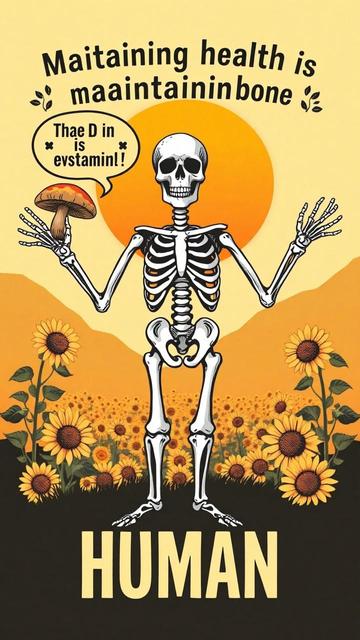 ①«Generated by MagicEraser/FLUX »
A 70s-inspired design. A skeleton stands proud with open arms. In one hand he holds a shiitake mushroom and a speech bubble reads "Vitamin D is essential!" In the background is a stylized hot sun and a field of sunflowers. Above: "Maintaining health is maintaining bones" in a dreamy retro font. Below: "HUMAN" in bold serif type. The tone is both uplifting and sarcastic.
#本日の成果物 #aiartcommunity