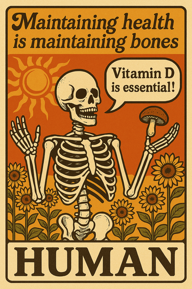 ②« Generated by MicrosoftCopilot »
A 70s-inspired design. A skeleton stands proud with open arms. In one hand he holds a shiitake mushroom and a speech bubble reads "Vitamin D is essential!" In the background is a stylized hot sun and a field of sunflowers. Above: "Maintaining health is maintaining bones" in a dreamy retro font. Below: "HUMAN" in bold serif type. The tone is both uplifting and sarcastic.