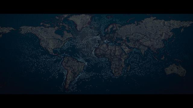 A screenshot from Ocean with David Attenborough, showing a map of the world with industrial fishing vessels.