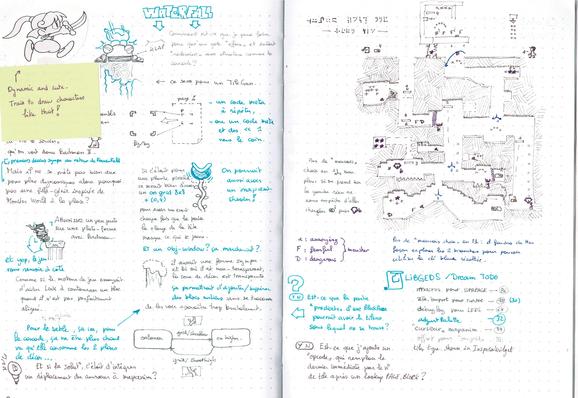 an open bullet notebook, with plenty of handwriting, sketches, level maps, todo lists, all in shades of brown, grey and bright cyan. 