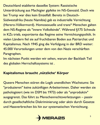 Hintergrund in hellem Gelb, darüber schwarzer Fließtext in zwei Abschnitten:  Erster Abschnitt (kein gesonderter Titel): „Deutschland etablierte dasselbe System: Rassistische Unterdrückung aus Machtgier gipfelte im NS-Genozid. Doch wie bei Trump war dies kein Einzelfall: Bereits in Deutsch-Südwestafrika (heute Namibia) gab es industrielle Vernichtung (Herero-Völkermord). Homosexuelle und trans* Menschen galten dem NS-Regime als ‚innere Volksfeinde‘. Während § 175 Schwule in KZs trieb, exportierte das Regime seine Vernichtungspolitik. In vielen Ländern fiel sie auf fruchtbaren Boden aus Patriarchat und Kapitalismus. Nach 1945 ging die Verfolgung in der BRD weiter: 45.000 Verurteilungen unter dem von den Nazis verschärften Paragraphen. Im nächsten Punkt werden wir sehen, warum der Backlash Teil des globalen Herrschaftssystems ist.“  Zweiter Abschnitt (Überschrift und Text): „Kapitalismus braucht ‚nützliche‘ Körper“  „Queere Menschen stören die Logik unendlichen Wachstums: Sie ‚produzieren‘ keine zukünftigen Arbeiter:innen. Daher werden sie pathologisiert (wie im DSM bis 1973) oder als ‚unproduktiv‘ ausgegrenzt. Das führt zu Menschenrechtsverletzungen – passiv durch gesellschaftliche Diskriminierung oder aktiv durch Gesetze und Hassverbrechen bis hin zur systematischen Vernichtung.“  Unten in der Mitte das schwarze MERA25-Logo und unten rechts die Seitenzahl „5“.