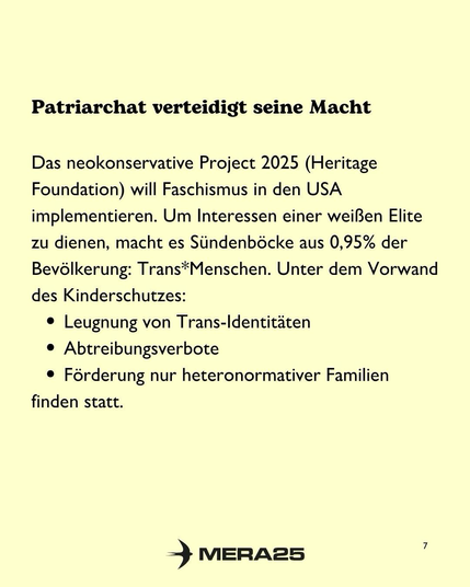 Hintergrund in hellem Gelb, darüber schwarzer Text:  Überschrift (fett): Patriarchat verteidigt seine Macht  Fließtext: Das neokonservative Project 2025 (Heritage Foundation) will Faschismus in den USA implementieren. Um Interessen einer weißen Elite zu dienen, macht es Sündenböcke aus 0,95 % der Bevölkerung: Trans*Menschen. Unter dem Vorwand des Kinderschutzes:  Aufzählungspunkte: • Leugnung von Trans-Identitäten • Abtreibungsverbote • Förderung nur heteronormativer Familien  Unten mittig ist das schwarze MERA25-Logo platziert, unten rechts steht die Seitenzahl „7“.
