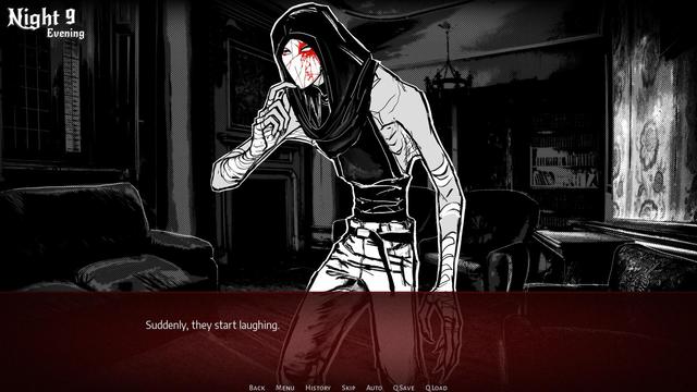 A screenshot of the visual novel game Fledgling Manor. The art is mostly black and white with splashes of red, and in the middle of the image stands Eight, a tall Nosferatu-like vampire in a street fashion outfit complete with hood and mask. The text in the box below reads: "Suddenly, they start laughing."