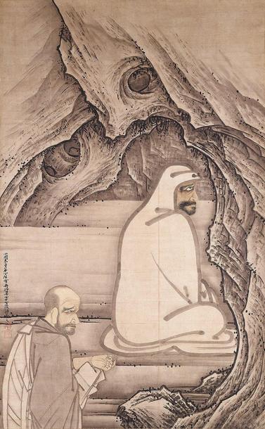 Huike offering his arm to Bodhidharma, ink wash painting by Sesshū Tōyō, 1496, Japan. This dramatic scene illustrates one of the most famous legends in Zen history. According to the story, Huike, a devoted seeker of enlightenment, approached Bodhidharma, who was meditating in silence, and requested to become his student. Bodhidharma, known for his rigorous and uncompromising approach, initially rejected Huike, testing his resolve. Undeterred, Huike stood outside in the snow, demonstrating his sincerity and determination. After hours of waiting, in an extraordinary act of devotion, Huike severed his own arm and presented it to Bodhidharma as a gesture of his unwavering commitment to the path of awakening. Moved by this extreme display of dedication, Bodhidharma finally accepted Huike as his disciple, marking the beginning of a profound teacher-student relationship. This story, though likely apocryphal, symbolizes the intense discipline and perseverance valued in the Chán (Zen) tradition, as well as the transformative power of the master-disciple bond. Stories like this obscure the historical Bodhidharma beneath accumulated layers of myth and symbolism — a process this post aims to critically investigate. Source: Wikimedia Commonsꜛ (license: public domain)