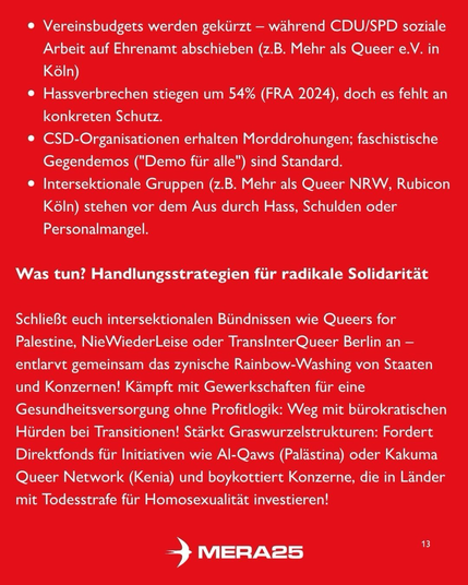 Roter Hintergrund, weißer Text: • Vereinsbudgets gekürzt, Ehrenamt statt bezahlter Arbeit (z. B. Mehr als Queer Köln) • Hassverbrechen + 54 % (FRA 2024), kein Schutz • CSD-Orgas erhalten Morddrohungen, „Demo für alle“-Gegendemos • Intersektionale Gruppen (u. a. Mehr als Queer NRW) am Ende Handlungsstrategien: – Bündnisse bilden (z. B. Queers for Palestine) – Gewerkschaften für Trans­versorgung gewinnen – Direktfonds für Al-Qaws, Kakuma Queer Network – Konzerne boykottieren, die in anti-queere Länder investieren Unten mittig: weißes MERA25-Logo, unten rechts: „13“