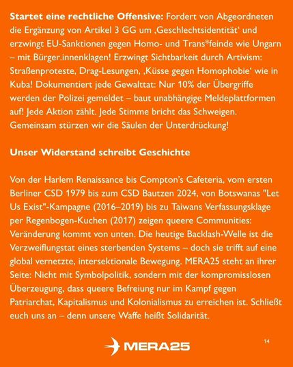 Orange Hintergrund, weißer Fließtext in zwei Abschnitten: 	•	Startet eine rechtliche Offensive: Ergänzung von Art. 3 GG um „Geschlechtsidentität“, EU-Sanktionen über Bürger:innenklagen, Sichtbarkeit erzwingen (Proteste, Drag-Lesungen, Küsse gegen Homophobie), Gewaltdokumentation ausbauen. 	•	Unser Widerstand schreibt Geschichte: Von Harlem Renaissance bis CSD Bautzen 2024 und weltweiten Queer-Kampagnen – queere Veränderung kommt von unten. MERA25 ruft zur Solidarität im Kampf gegen Patriarchat, Kapitalismus und Kolonialismus auf.  Unten mittig weißes MERA25-Logo, unten rechts Seitenzahl „14“.
