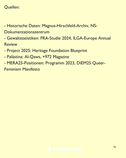 Hellgelber Hintergrund, oben links der schwarze Titel „Quellen:“. Darunter fünf schwarze Aufzählungspunkte: 	•	Historische Daten: Magnus-Hirschfeld-Archiv, NS-Dokumentationszentrum 	•	Gewaltstatistiken: FRA-Studie 2024, ILGA-Europe Annual Review 	•	Project 2025: Heritage Foundation Blueprint 	•	Palästina: Al-Qaws, +972 Magazine 	•	MERA25-Positionen: Programm 2023, DiEM25 Queer-Feminism Manifesto  Unten mittig das weiße MERA25-Logo, unten rechts die Seitenzahl „15“.