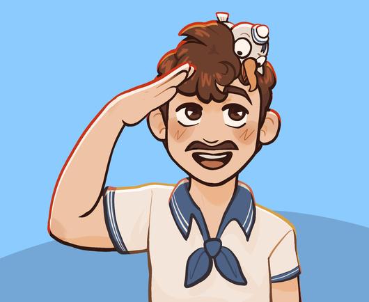 A drawing of the youtuber called Seanie Dew with his character Scraps on his head