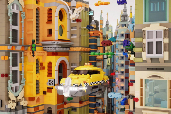 A futuristic New York City with flying cars. Leeloo jumps from a ledge. Korben Dallas's flying cab is just below!