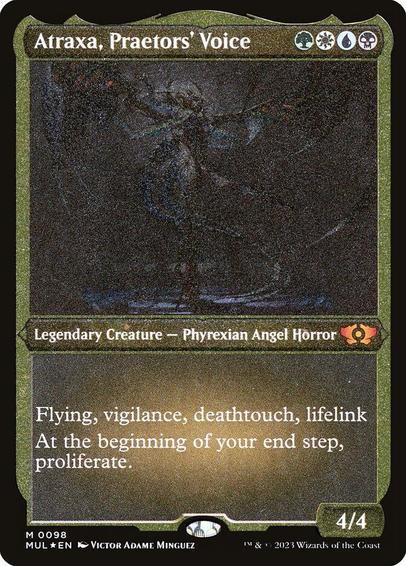 Card Name: Atraxa, Praetors' Voice
Set: Multiverse Legends
Description: Flying, vigilance, deathtouch, lifelink
At the beginning of your end step, proliferate. (Choose any number of permanents and/or players, then give each another counter of each kind already there.)
Artist: Victor Adame Minguez
