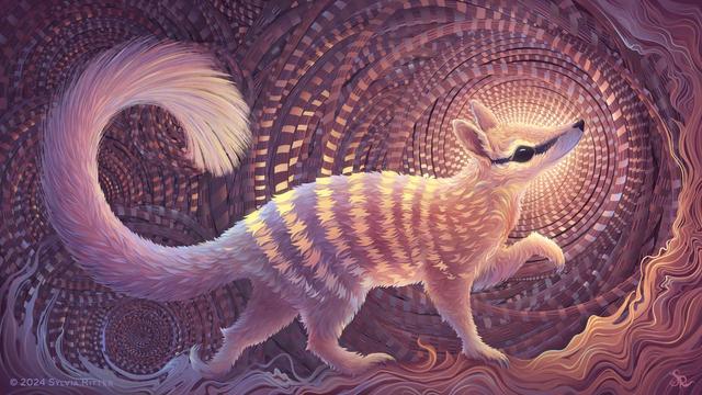 Since numbats are an endangered species (currently ~1000 remaining thanks to reintroducing them into the wild) I thought of a spiritual sacred background. Materials from their natural habitat should appear, like a tree and its branches. So it happened in the form of circle weaving patterns.
To underline the rarity of numbats, I wanted to indicate that this species is slowly vanishing and keeping its slight gold and silver colors for nobility. The numbat is walking elegantly over tree bark—the fur color transitions from warm to coldercolors. Noble Numbat is enjoying the noble time it has been given on this small but precious planet. Inspired by Ubuntu release name 24.04 LTS: https://www.deviantart.com/sylviaritter/art/Noble-Numbat-1023754958.
