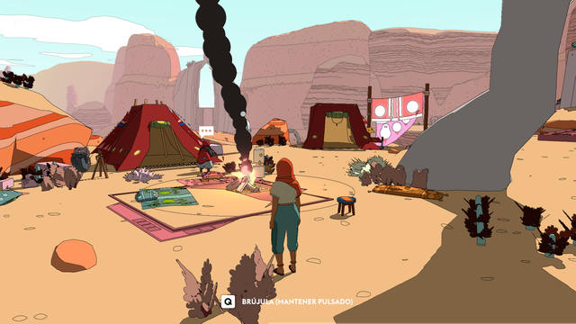 Ilustración de un desierto con personas y tiendas de campaña, mostrando un ambiente cálido y soleado.