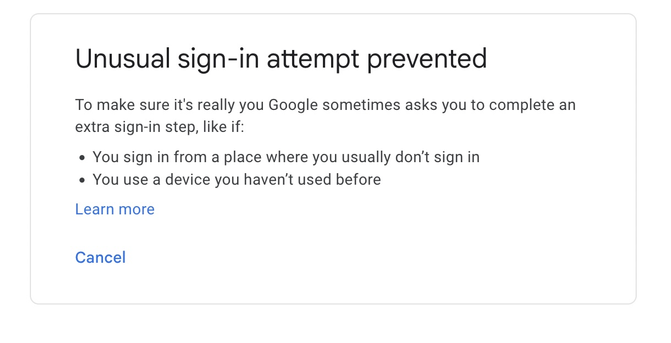 Google dialogue box with a not usefull expanation and a missing "confirm" button. Only a cancel button that leads back to a previous screen. 