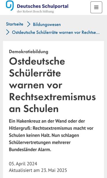 Screenshot einer Nachricht: "Ostdeutschen Schülerinnen warnen  vor Rechtsextremismus an Schulen"
