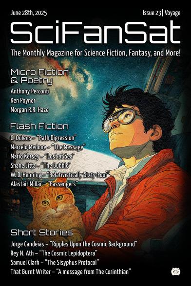 The cover of this month's SciFanSat mag, depicting a young man with glasses, white shirt and red coat, and an orange cat, looking out of what seems to be an orbital vehicle's window.