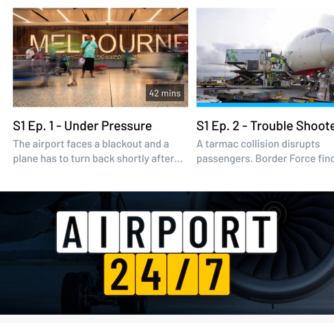 Screenshot from a website showing the logo for the TV show Airport 24/7 and the thumbnails for the first two episodes. 