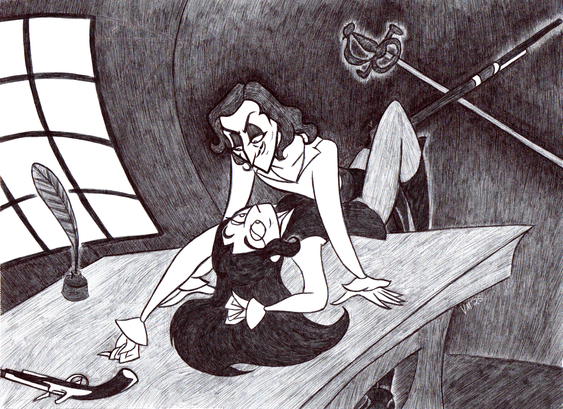 Levasseur having lied Riley back on the table in his captain's quarters, staring into her eyes suggestively while Riley raises an intrigued eyebrow.