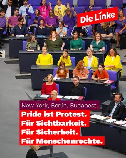 Das Sharepic zeigt eine Szene aus dem Bundestag, in der zahlreiche Abgeordnete der Partei Die Linke in den Farben der Pride-Flagge gekleidet sind. Sie sitzen gemeinsam im Plenarsaal, einige mit erhobener Faust, als Zeichen des Protests und der Solidarität mit der queeren Community. Darüber ist das Logo der Partei Die Linke eingeblendet. Der Text im Bild lautet:
„New York, Berlin, Budapest. Pride ist Protest. Für Sichtbarkeit. Für Sicherheit. Für Menschenrechte.“