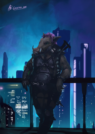 digital illustration depicting an anthropomorphic boar girl in a cyberpunk setting,with pink hair, wearing leather gear, and showcasing bionic prosthetics on her jaw and right arm. She has a combat rifle holstered on her back as well.