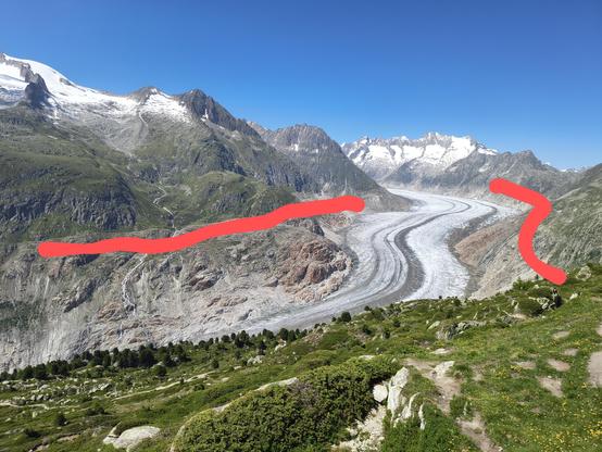 Aletsch glacier with is thickness at about 1850 marked
