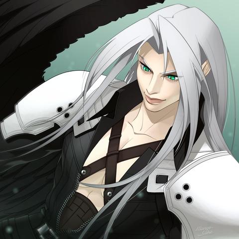 digital artwork of Sephiroth from Final Fantasy VII looking down at something and smirking