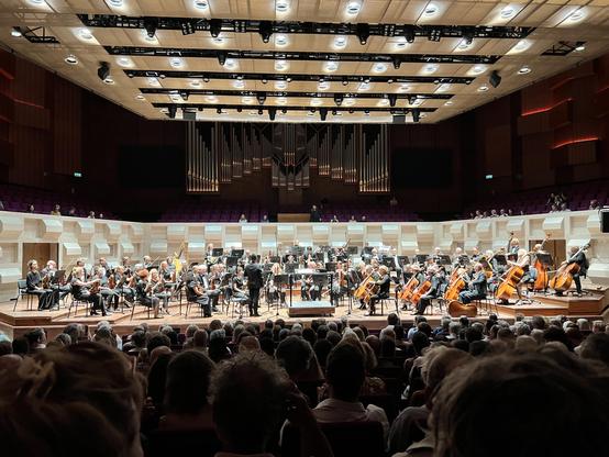 A large orchestra is performing on stage in a modern concert hall. The musicians, dressed in black, are arranged in a semicircle, with a conductor leading them. There are various instruments visible, including strings, woodwinds, and a harp. 