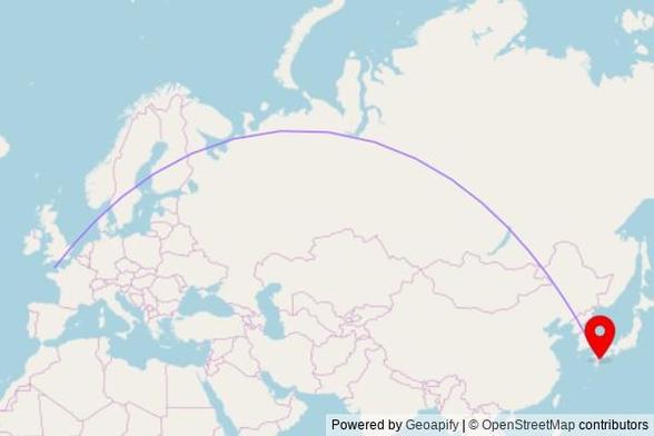 A map showing the great circle route from St Peter Port in Guernsey to a map pin at 竹谷神社, Higashikyushu Expressway, Nobeoka, Sakuragaoka 3-chome 882-0054, Japan