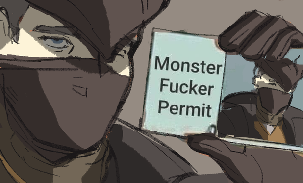 A meme showing an illustration of a Bloodborne hunter holding a card with their portrait on it and the words "Monster Fucker Permit"