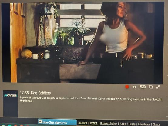 Monitor abfotografiert mit einem Bild aus dem Film Dog Soldiers: eine junge Frau mit lockigen hochgesteckten Haaren steht vor einer Spüle vor einem Fenster, links und rechts stehen Tassen, teilweise umgedreht, am Fenster stehen einige Kräuter oder Gräser, links sieht man einen hellen Vorhang, an der braunen Holzwand hängen oben kleine Bilder in Rahmen. Die Frau hat die rechte Hand auf der Spüle abgestützt, die andere an ihrem breiten Gürtel eingehakt. Sie trägt eine schwarze Hose und ein weißes Unterhemd. Ihre Brüste sind nicht extrem groß, trotzdem sieht man deutlich, wie sie verpixelt wurden, also das Hemd sozusagen unscharf gemacht wurde, um eventuelle unangebrachte Ansichten zu verschleiern.
Die Beschreibung des Filmes unter dem Videobild lautet: A pack of werewolves targets a squad of soldiers Sean Pertwee Kevin McKidd on a training exercise in the Scottish Highlands.