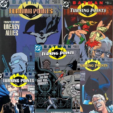 La imagen es un collage de los cinco números de la serie Batman -Turning Points.