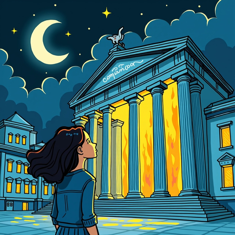 Model: Drunk Momi
(retro futuristic illustration, comic book, vector, 4k, hyper-detail) a woman, looking up at a large marble greco-roman building, on a dark stormy night