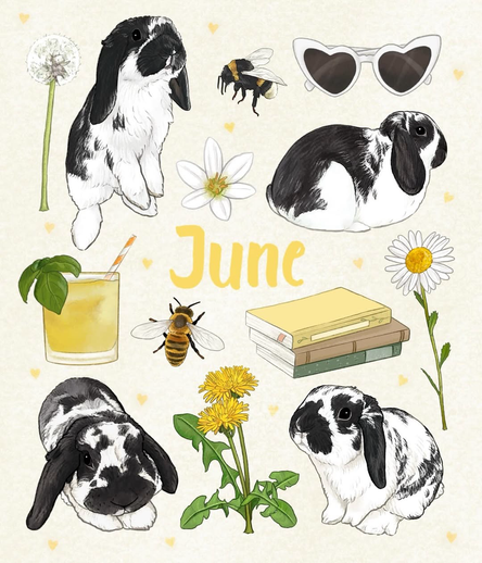 This is an illustration featuring multiple black and white lop-eared rabbits, dandelions, bees, a white flower, a stack of books, heart-shaped sunglasses, a drink, and a daisy, all centered around the word "June."