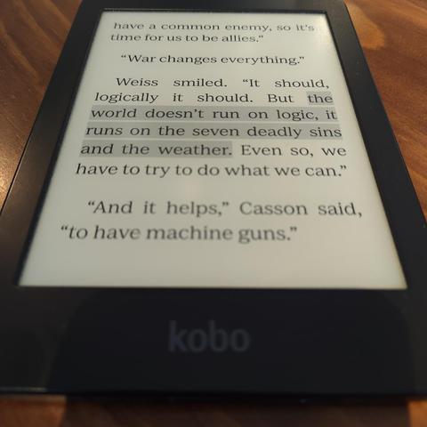 An e-reader with the above quote highlighted in the text. 