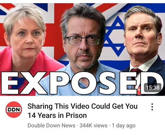 EXPOSED. Sharing this video could get you q4 years in prison. Picture of FGeorge Monbiot, flanked by Yvette Cooper and Kier Starmer