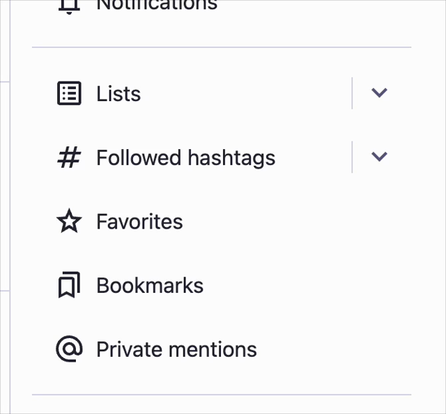 Screen recording of the 'Followed hastags' collapsible list on mastodon.social