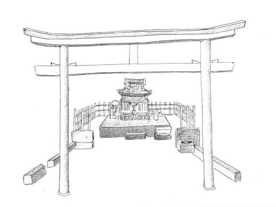 A shrine, framed by the torii gate at the front, drawn in black biro on white watercolour paper