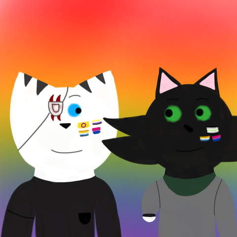 Drawing of Minea and Jupiter looking at each other with a smile. They both have pride flags painted in their cheeks which are intersex, non-binary, aroace and bi flag for Minea and agender, aroace and bi flag for Jupiter. The background is in rainbow flag's colors
