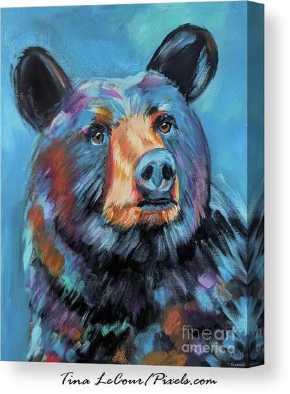 This is an acrylic canvas painting of a portrait of a colorful black bear against a textured blue background. 