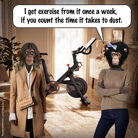 Comic created by C.G.Ferman
There is an exercise bike in the bedroom and Teresa Treehouse is talking to her best friend, Susan. 
Teresa says, "I get exercise from the bike once a week, if you count the time it takes to dust it."
- - - - - 
Title: ExerciseBike-Dust
©2019 Markers In Motion, LLC. &. Christopher G. Ferman
This content is subject to copyright.
www.MarkersInMotion.com 
Note: Another Sunday workout.