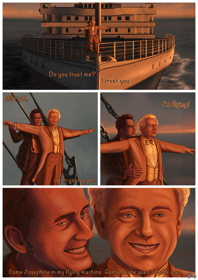 (Titanic Parody Comic, 2 Pages) A romantic, sunset-hued comic parody of the iconic “I’m flying” scene from Titanic, featuring Aziraphale and Crowley from Good Omens.  Panel 1: Aziraphale and Crowley stand on the railing on the bow of the Titanic, Crowley guiding Aziraphale’s arms into a wide stretch, as the ship steams ahead towards the sunset. Crowley asks, “Do you trust me?” Aziraphale replies, “I trust you.”  Panel 2: Aziraphale stands at the front with arms outstretched, eyes closed, as Crowley stands behind him, hands gently placed on Aziraphale’s waist. “All right,” he says, “open your eyes.”  Panel 3: Aziraphale opens his eyes joyfully, exclaiming, “I’m flying!”  Panel 4: A close-up of both smiling warmly, Crowley lovingly holding Aziraphale and gently singing “Come Josephine in my flying machine. Going up she goes. Up she goes.” into his ear.